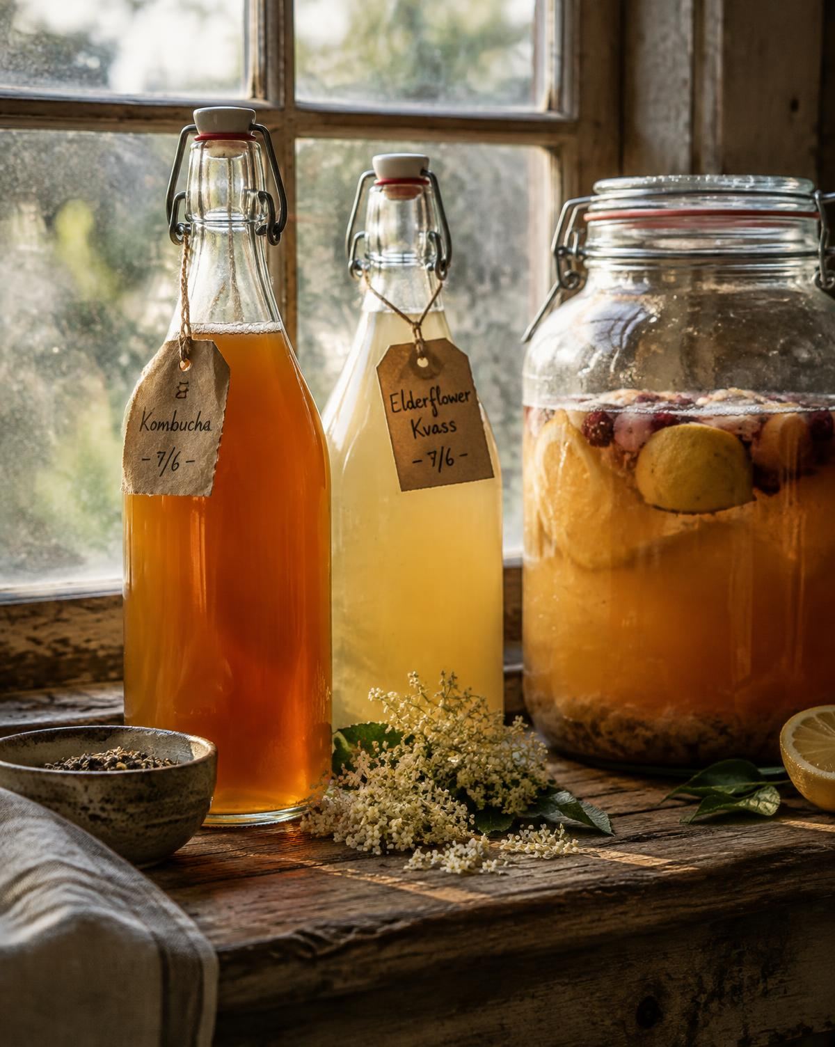 Flasker med hjemmelaget kombucha og kvass i motlys i et gammelt vindu