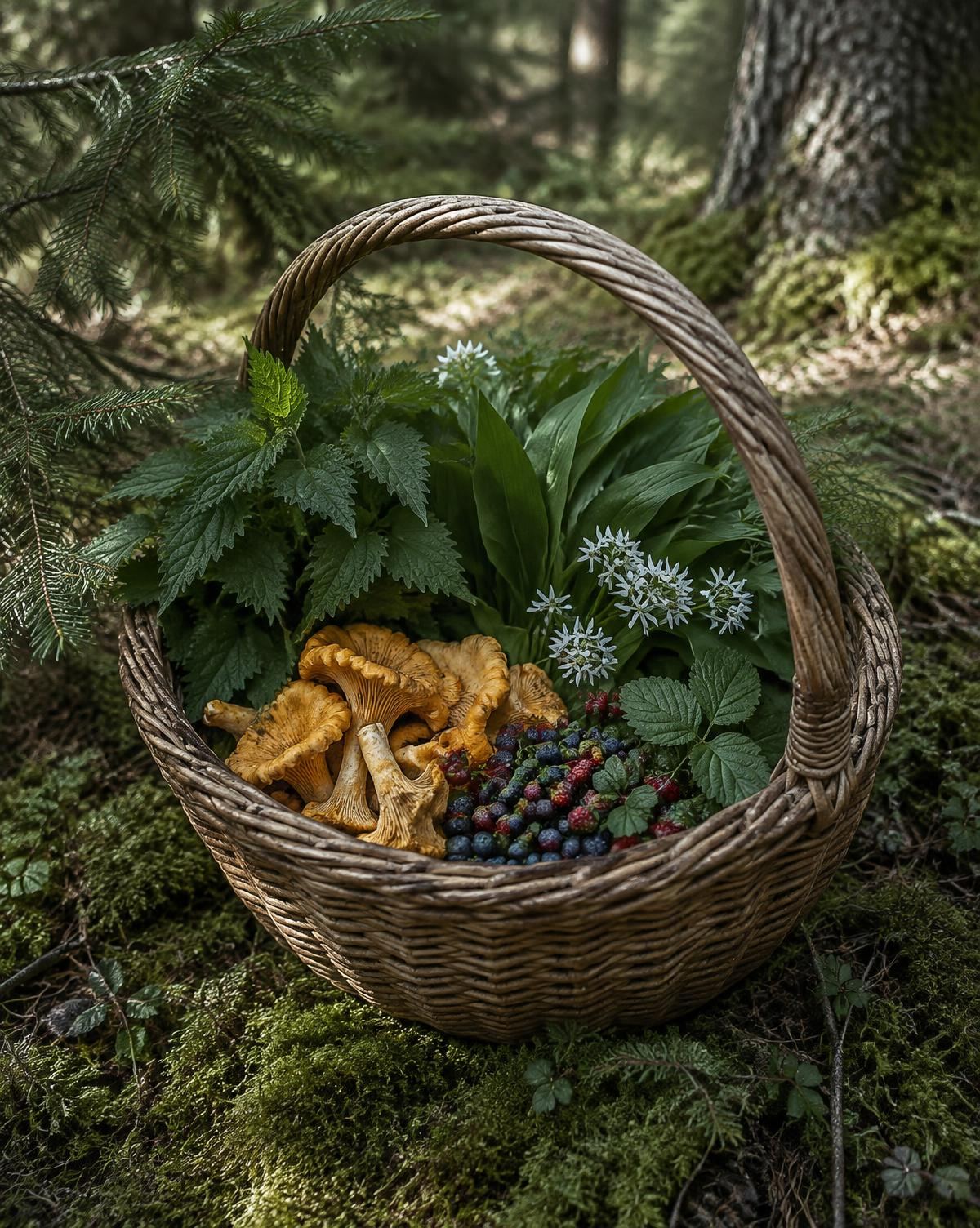 Kurv med brennesle, ramsløk, kantareller og ville bær på mosegrodd skogbunn