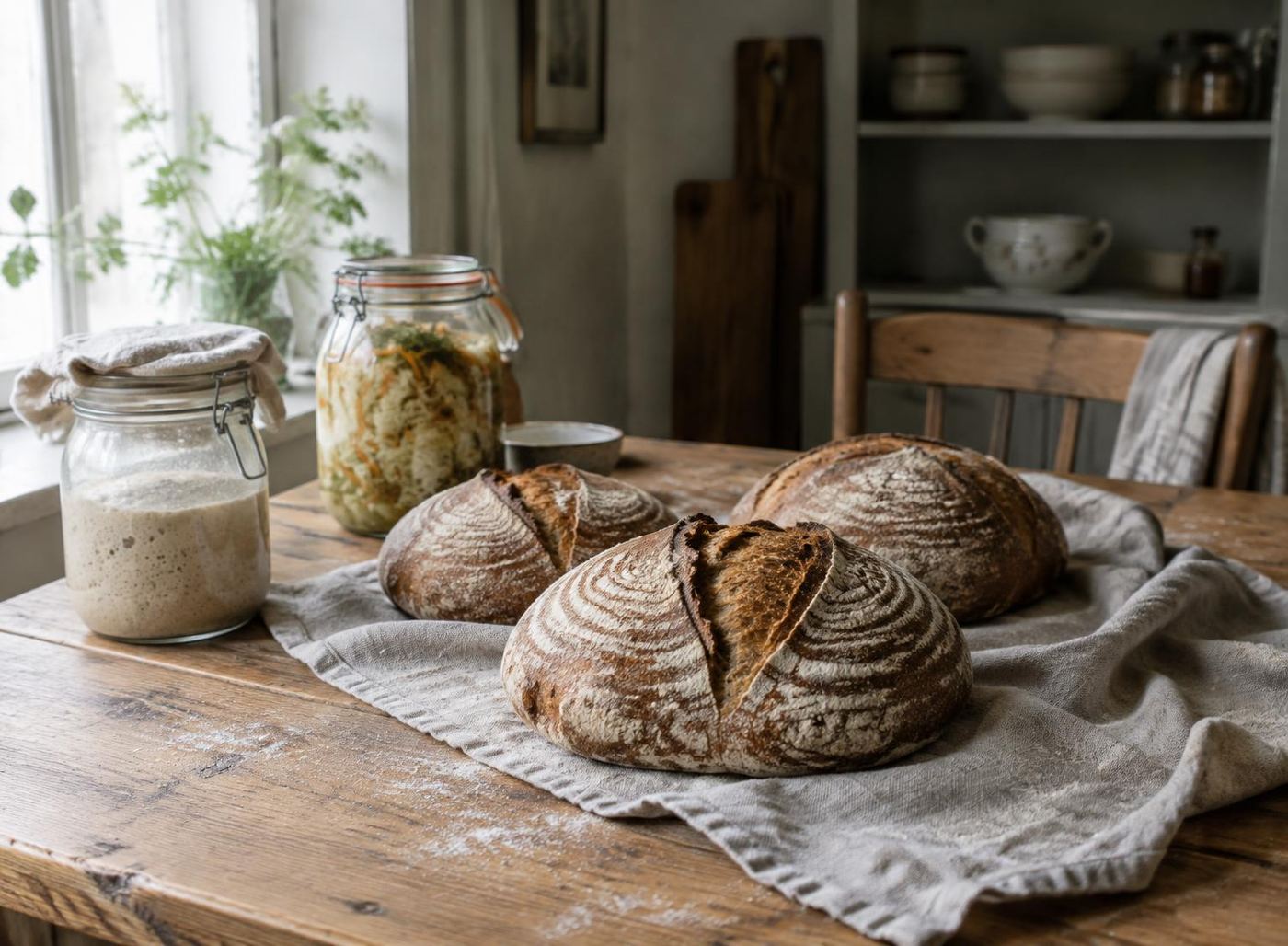 Surdeigsbrød på et linklede ved siden av et glass med surdeig